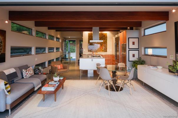 Dining room, Interior, Living room, Recessed Lighting, Wooden Beams