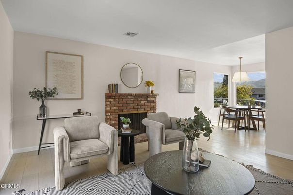 Dining room, Fireplace, Interior, Pendant Lights, Wood Texture Flooring