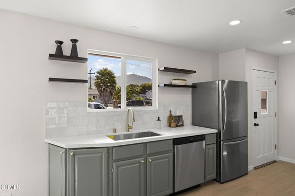 Interior, Kitchen, Recessed Lighting, Stainless Steel Appliances, Wood Texture Flooring