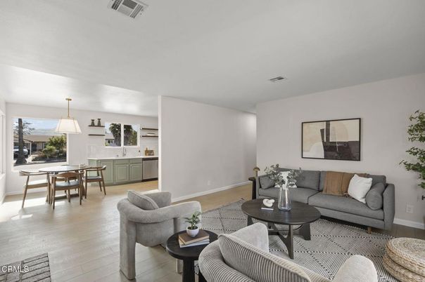Dining room, Interior, Kitchen, Living room, Pendant Lights, Wood Texture Flooring