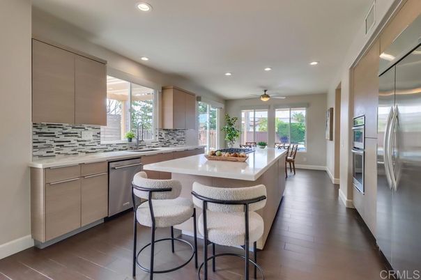 Dining room, Interior, Kitchen, Recessed Lighting, Stainless Steel Appliances, Wood Texture Flooring