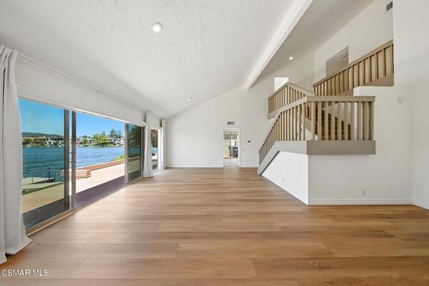 Empty room, Interior, Recessed Lighting, Water, Wood Texture Flooring