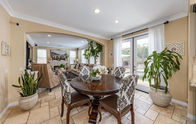 Dining room, Fireplace, Interior, Living room, Recessed Lighting