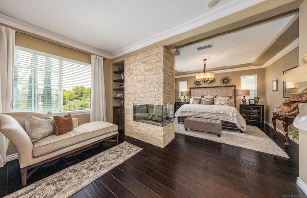 Bedroom, Fireplace, Interior, Wood Texture Flooring