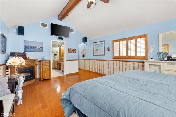 Bedroom, Fireplace, Interior, Wooden Beams, Wood Texture Flooring