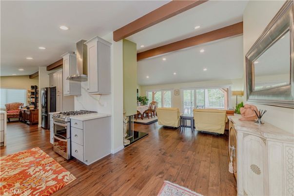 Interior, Kitchen, Living room, Recessed Lighting, Stainless Steel Appliances, Wooden Beams, Wood Texture Flooring