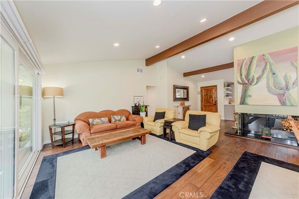 Fireplace, Interior, Living room, Recessed Lighting, Wooden Beams, Wood Texture Flooring