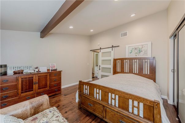 Bedroom, Interior, Recessed Lighting, Wooden Beams, Wood Texture Flooring