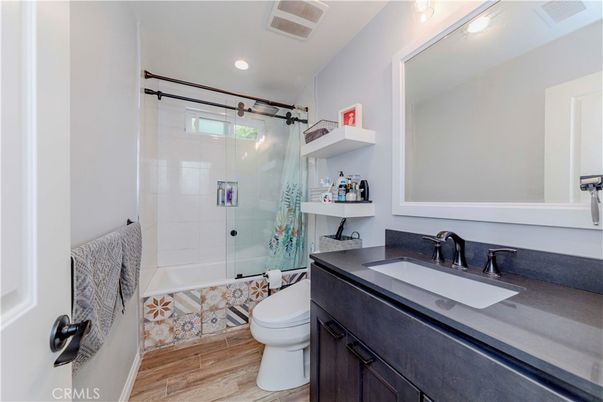 Bathroom, Glass Shower, Interior, Recessed Lighting, Wood Texture Flooring