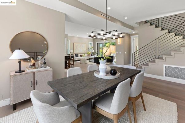 Dining room, Interior, Pendant Lights, Recessed Lighting, Wood Texture Flooring