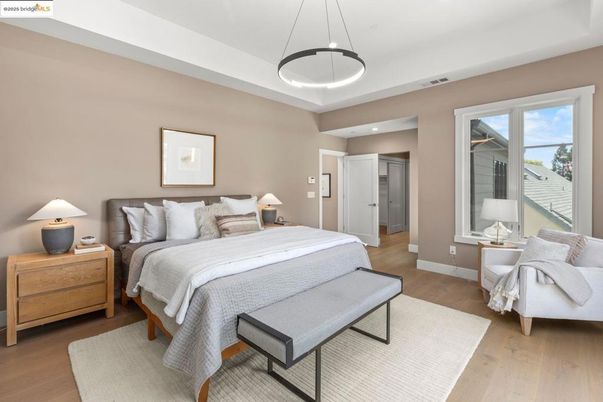 Bedroom, Interior, Pendant Lights, Recessed Lighting, Wood Texture Flooring