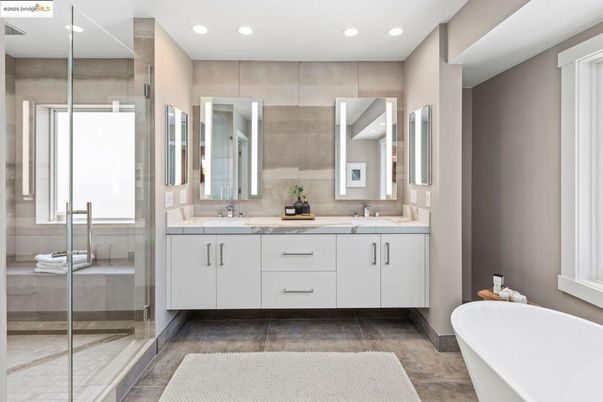 Bathroom, Dual Sink Vanities, Free Standing Baths, Glass Shower, Interior, Recessed Lighting