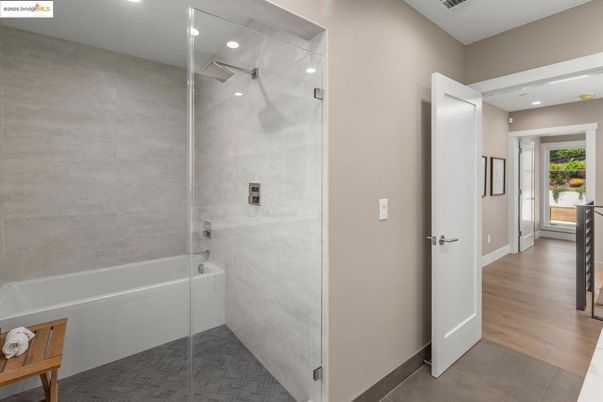 Bathroom, Glass Shower, Interior, Recessed Lighting, Wood Texture Flooring