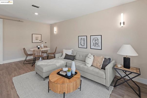 Dining room, Interior, Living room, Recessed Lighting, Wood Texture Flooring