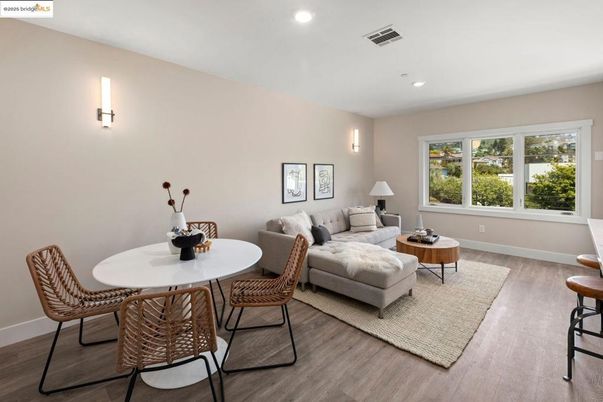 Dining room, Interior, Living room, Recessed Lighting, Wood Texture Flooring