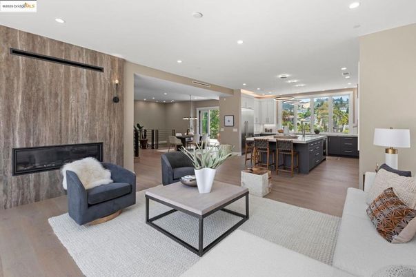 Dining room, Fireplace, Interior, Kitchen, Living room, Pendant Lights, Recessed Lighting, Wood Texture Flooring