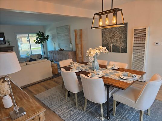 Dining room, Interior, Living room, Pendant Lights, Wood Texture Flooring
