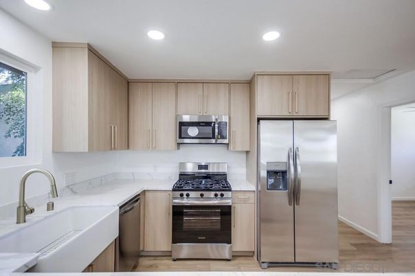 Interior, Kitchen, Recessed Lighting, Stainless Steel Appliances, Wood Texture Flooring