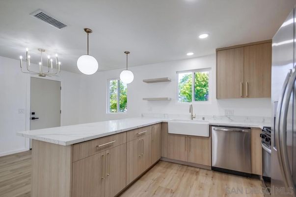 Interior, Kitchen, Pendant Lights, Recessed Lighting, Stainless Steel Appliances, Wood Texture Flooring