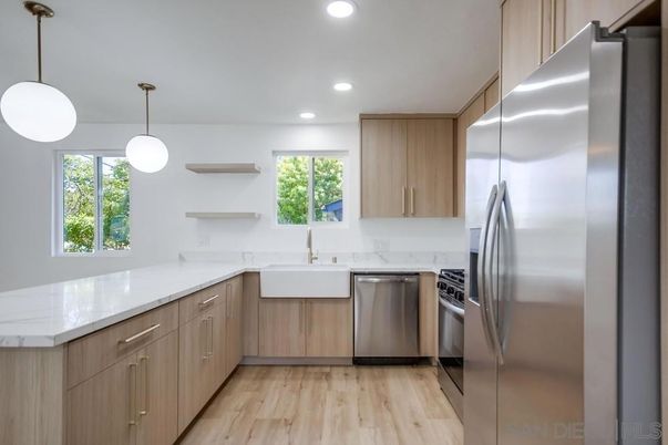 Interior, Kitchen, Pendant Lights, Recessed Lighting, Stainless Steel Appliances, Wood Texture Flooring