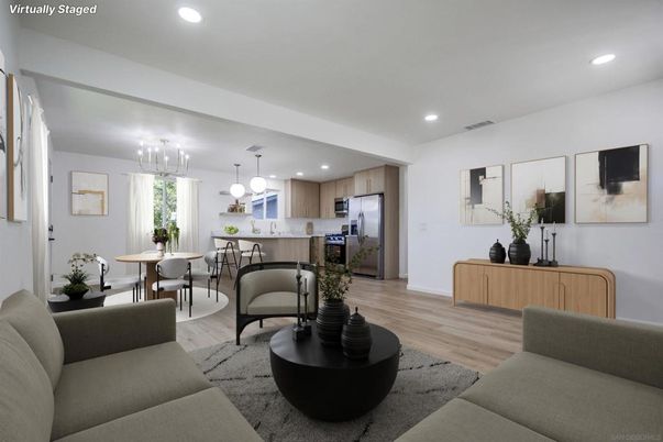 Dining room, Interior, Kitchen, Living room, Pendant Lights, Recessed Lighting, Stainless Steel Appliances, Wood Texture Flooring