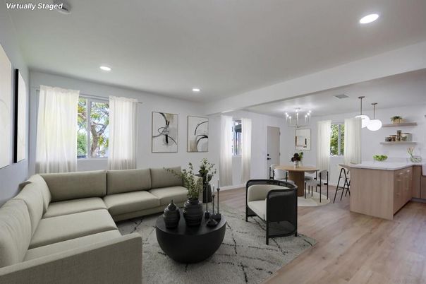 Dining room, Interior, Living room, Pendant Lights, Recessed Lighting, Wood Texture Flooring