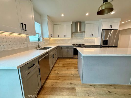 Interior, Kitchen, Pendant Lights, Recessed Lighting, Stainless Steel Appliances, Wood Texture Flooring