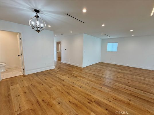 Bathroom, Chandelier, Empty room, Interior, Recessed Lighting, Wood Texture Flooring