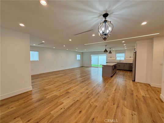 Chandelier, Empty room, Interior, Kitchen, Pendant Lights, Recessed Lighting, Wood Texture Flooring