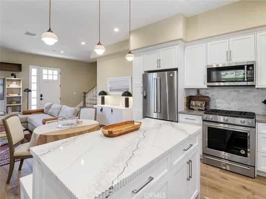 Interior, Kitchen, Living room, Pendant Lights, Recessed Lighting, Stainless Steel Appliances, Wood Texture Flooring