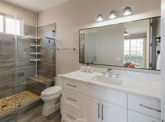 Bathroom, Glass Shower, Interior, Wood Texture Flooring