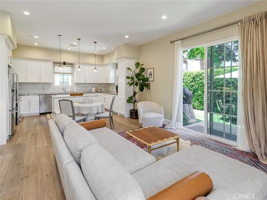 Dining room, Interior, Kitchen, Living room, Pendant Lights, Recessed Lighting, Stainless Steel Appliances, Wood Texture Flooring