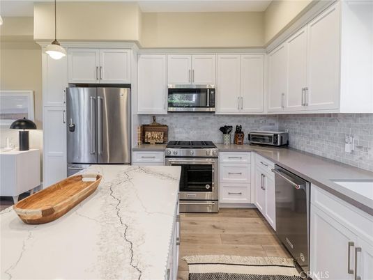 Interior, Kitchen, Pendant Lights, Stainless Steel Appliances, Wood Texture Flooring