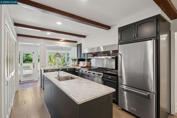 Interior, Kitchen, Pendant Lights, Recessed Lighting, Stainless Steel Appliances, Wooden Beams, Wood Texture Flooring