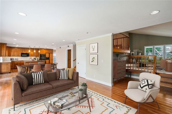 Dining room, Interior, Kitchen, Living room, Pendant Lights, Recessed Lighting, Wood Texture Flooring