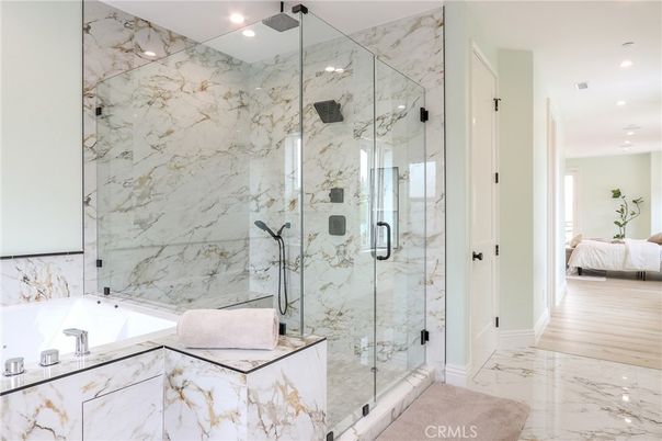 Bathroom, Bedroom, Glass Shower, Interior, Marble, Marble Walls, Recessed Lighting, Wood Texture Flooring