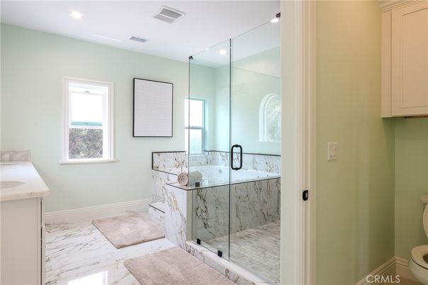 Bathroom, Glass Shower, Interior, Marble, Marble Walls, Recessed Lighting