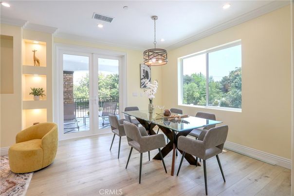 Dining room, Interior, Pendant Lights, Recessed Lighting, Wood Texture Flooring