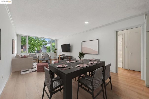 Dining room, Interior, Living room, Recessed Lighting, Wood Texture Flooring
