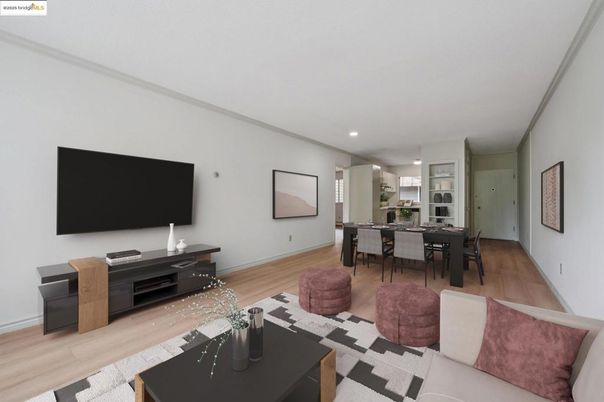 Dining room, Interior, Kitchen, Living room, Recessed Lighting, Stainless Steel Appliances, Wood Texture Flooring