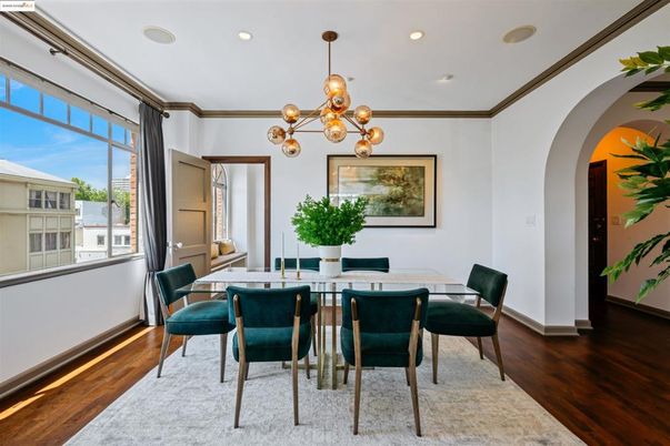 Dining room, Interior, Pendant Lights, Recessed Lighting, Wood Texture Flooring