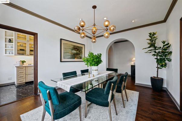 Dining room, Interior, Marble, Pendant Lights, Recessed Lighting, Wood Texture Flooring
