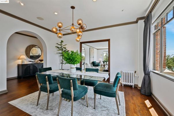 Dining room, Interior, Pendant Lights, Recessed Lighting, Wood Texture Flooring