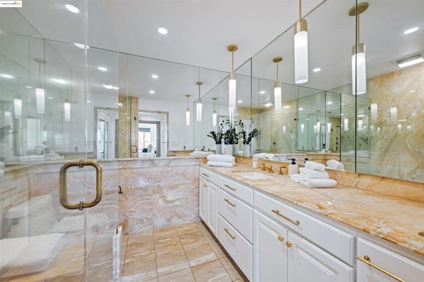 Bathroom, Dual Sink Vanities, Glass Shower, Interior, Pendant Lights, Recessed Lighting