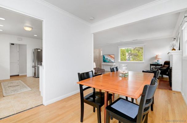 Dining room, Fireplace, Interior, Kitchen, Recessed Lighting, Wood Texture Flooring