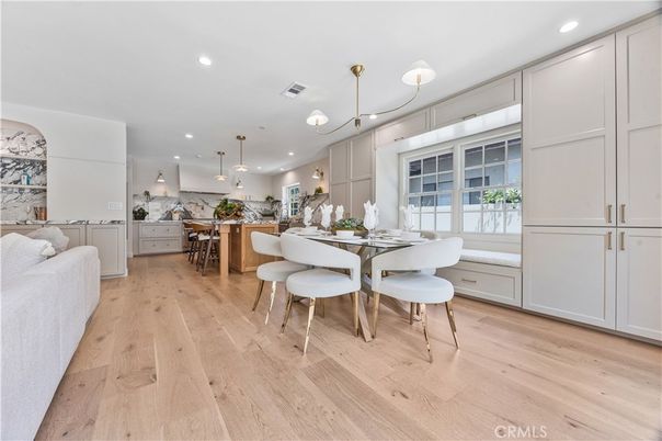 Dining room, Interior, Pendant Lights, Recessed Lighting, Wood Texture Flooring