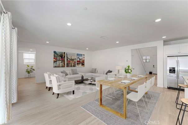 Dining room, Interior, Kitchen, Living room, Recessed Lighting, Stainless Steel Appliances, Wood Texture Flooring