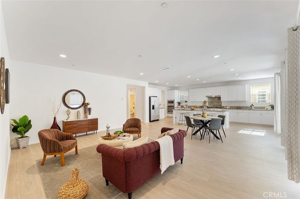 Dining room, Interior, Kitchen, Living room, Recessed Lighting, Stainless Steel Appliances, Wood Texture Flooring