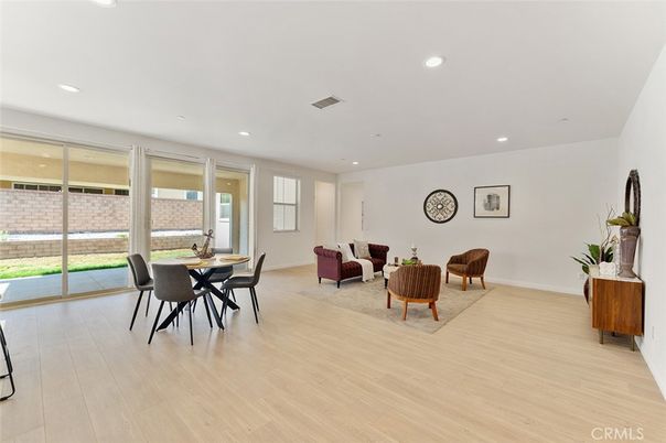 Dining room, Interior, Living room, Recessed Lighting, Wood Texture Flooring