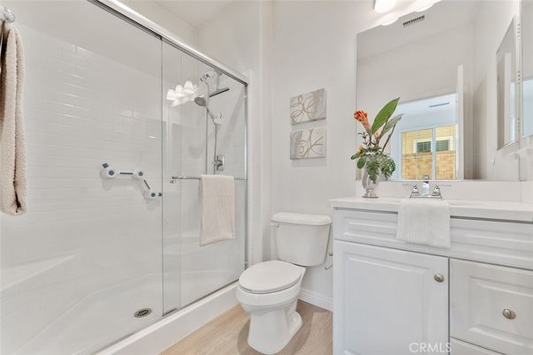 Bathroom, Glass Shower, Interior, Wood Texture Flooring